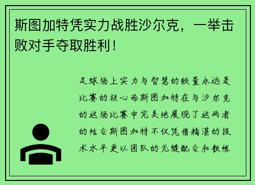 斯图加特凭实力战胜沙尔克，一举击败对手夺取胜利！